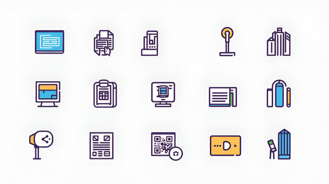 Smart City Icons. Solid, filled icons set of smart city technology and digital info: smart screen, QR code,