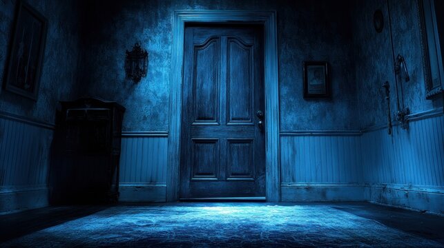 Haunted house hallway door night mystery thriller