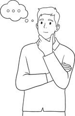 Obraz premium A hand-drawn illustration of a man with a contemplative expression, holding his chin with a thought bubble above his head. The minimalist black and white line art is perfect for concepts of thinking.
