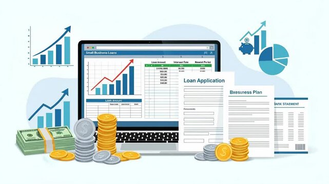 Small Business Loan Application and Growth - An illustration depicting a laptop displaying a small business loan application, alongside financial charts, graphs, and stacks of money, symbolizing