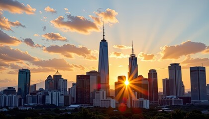 Naklejka premium Stunning Sunset Over City Skyline with Towering Skyscrapers and Vibrant Cloudscape