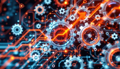 Abstract illustration of gears and lines with glowing effects, symbolizing innovation, technology, and engineering progress