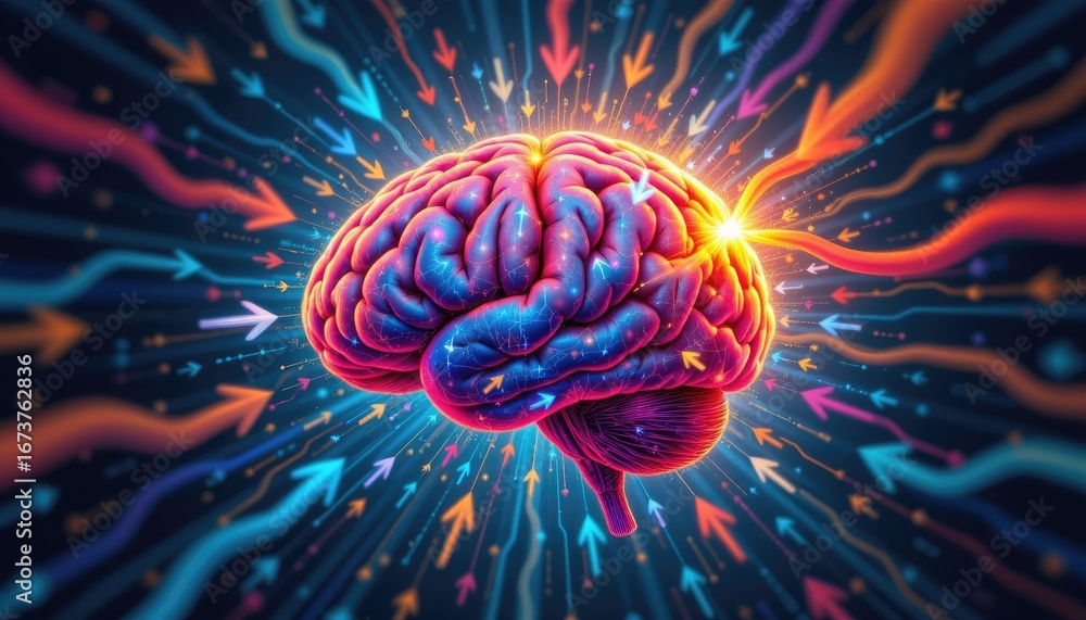 Poster colorful abstract brain design with stream of light and dynamic arrows representing thoughts and ide