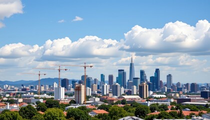 Fototapeta premium Vibrant Urban Skyline Under Bright Blue Sky with Dramatic Clouds and Construction Cranes in Background