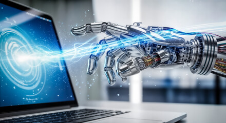 Advanced robotic hand interacting with a futuristic digital interface on a laptop screen, symbolizing artificial intelligence and technological progress