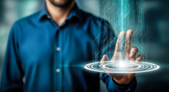 Businessman interacting with a futuristic holographic interface, touching a glowing digital projection of data streams and circuits, representing technology and innovation