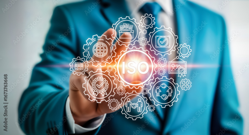 Poster businessman touching a digital interface with interconnected gears and icons representing business p