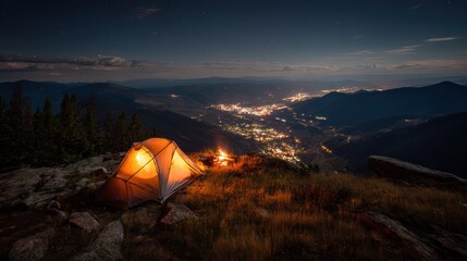 Camping tent mountain night view