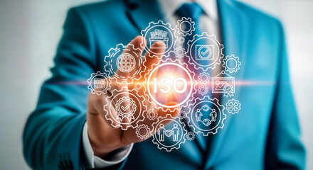 Businessman touching a digital interface with interconnected gears and icons representing business processes, strategy, and workflow optimization