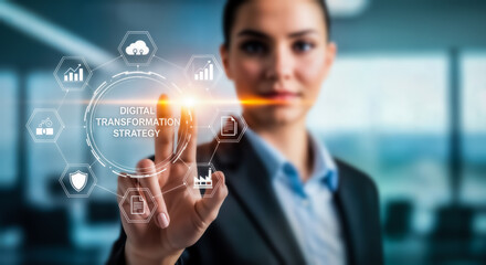 Businesswoman touching a digital interface displaying digital transformation strategy with icons representing growth, cloud, data, and security