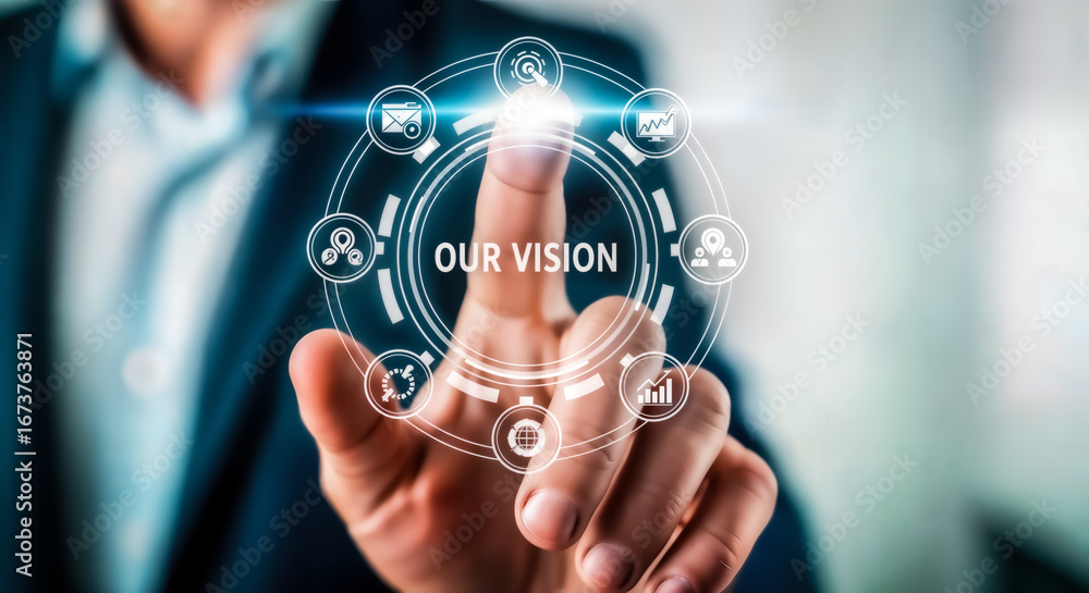 Poster businessman touching a futuristic holographic interface displaying our vision surrounded by intercon