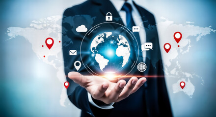 Businessman holding a glowing globe with digital icons and world map overlay, representing global connectivity and technology
