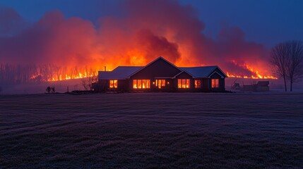 House engulfed by wildfire at dawn