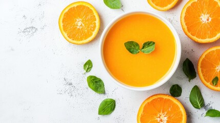 A vibrant bowl of orange soup garnished with fresh basil, surrounded by juicy orange slices, creating a fresh and appetizing display.