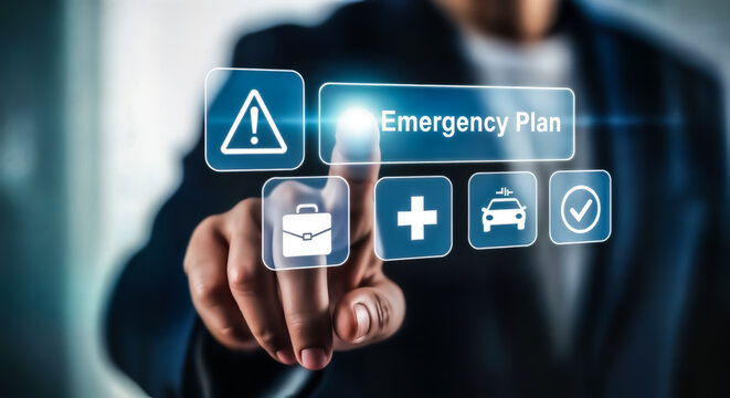 Businessman touching a holographic screen displaying an emergency plan with various icons representing crisis management, preparedness, and business continuity