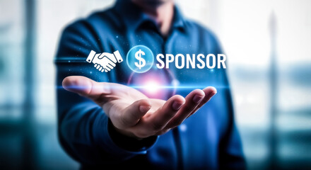 Businessman offering sponsorship with handshake and dollar sign symbolizing partnership and financial support for business ventures and events