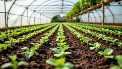 Greenhouse Rows with Fresh Seedlings Growing in Organic Soil Under Clear Plastic Covering for Sustainable Agriculture