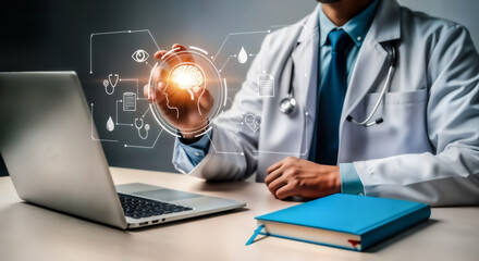 doctor, medical, healthcare, technology, futuristic, hologram, globe, laptop, desk, innovation, digital, science, research, analysis, data, network, connection, information, patient, care, treatment,