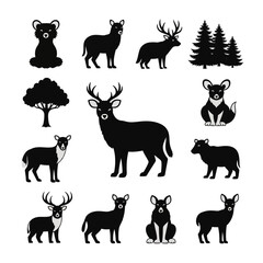 Black Silhouette Animals: Deer, Bear, and Forest Elements