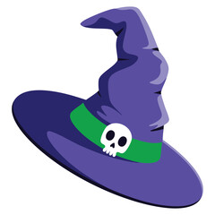 Fototapeta premium Witch hat with skull isolated on white background, flat vector illustration symbol of Halloween, spooky costume, witchcraft, magic, fantasy design and seasonal celebration scary visuals style