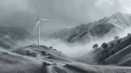 Misty mountain landscape with wind turbine