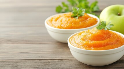 Creamy apple and pumpkin puree served in white bowls, garnished with fresh herbs and accompanied by a green apple on a wooden surface.