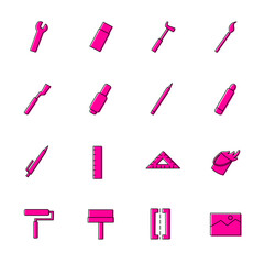 Simple Outline Pink Tool and Utensil Handdrawn Construction Element Icon Set