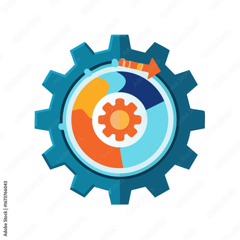 Aufkleber circular process chart with rotating gears and an arrow indicating progress and continuous movement
