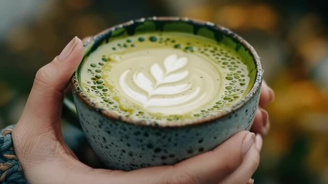 a cup of matcha in his hands. Selective focus