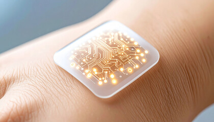 Modern Tech Patch: A close-up view showcasing a futuristic, transparent tech patch adhered to the skin, with its intricate circuitry design highlighted.