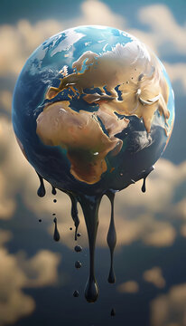 Conceptual illustration of the Earth. The lower part of the planet looks like it's melting. The powerful visual metaphor highlights themes like climate change and environmental degradation.