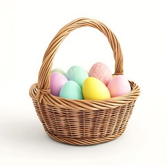 Woven easter basket filled with colorful pastel eggs and a few bunny ears isolated on white background