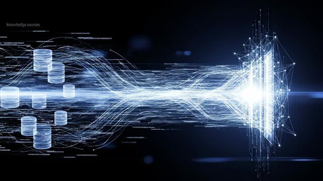 Data Transfer in Neural Engine - Abstract visualization of data transmission within a neural engine. Streams of light represent data flowing from multiple sources into a central processing unit.