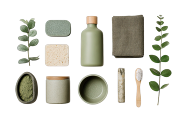 green living essentials isolated on white background zero waste flat lay