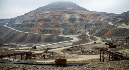 Open pit mine landscape with visible mining terraces and heavy machinery on an overcast day, showing environmental disruption.