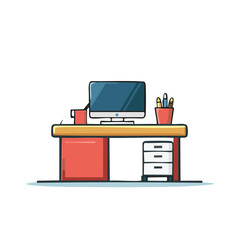 Workplace with monitor, pencil holder, and coffee cup cartoon illustration