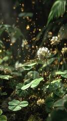 Golden sparks, clover, lush greenery