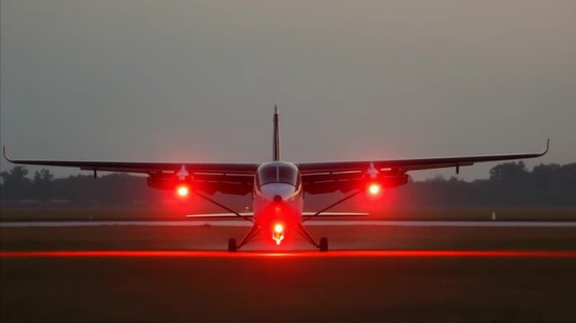 A red light aircraft takes off from a field