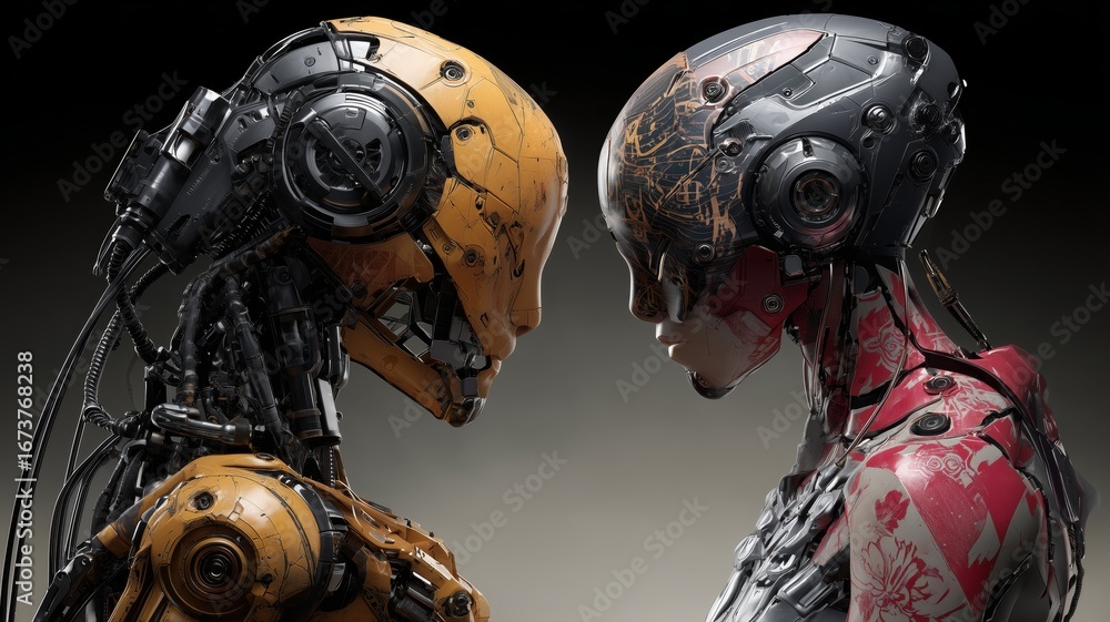 Aufkleber two robotic beings engage in a silent confrontation showcasing advanced technology and intricate des