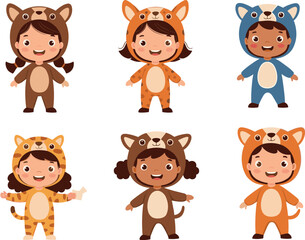 Cute kids wearing colorful animal costumes, smiling children dressed as bears, tigers, foxes, happy kids in playful outfits, adorable kids in costumes.