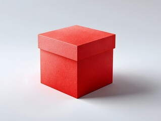 Minimalist, vibrant red cube box with a subtle paper texture, sitting on a seamless white background, with clean studio lighting creating soft shadows.