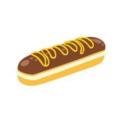 Delicious chocolate eclair with yellow decorative icing. Sweet pastry dessert food.
