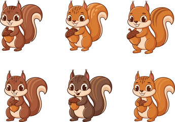 Cute cartoon squirrels holding acorns, playful woodland animals, happy furry squirrels with bushy tails, adorable forest creatures, smiling squirrels with nuts.