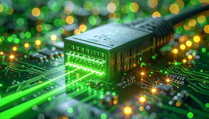 Tech Connection: A close-up shot highlighting a vibrant, illuminated cable connecting to a motherboard. The green and gold bokeh adds depth, symbolizing connectivity and innovation in a digital world.