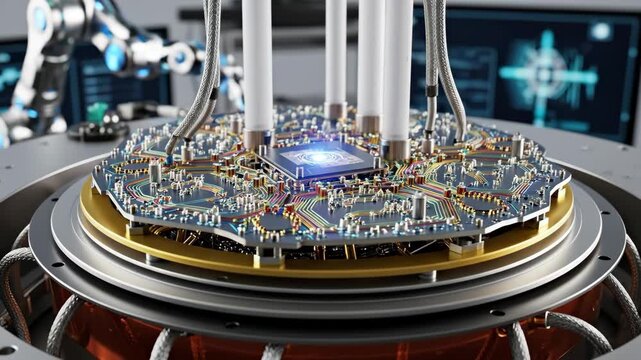 Quantum Computer Chip Closeup - Detailed close-up of a quantum computer chip, showcasing its intricate circuitry and connections within a sophisticated technological environment.