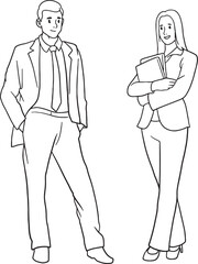 A man and a woman in formal business attire, standing and smiling confidently. Hand-drawn vector illustration. Ideal for concepts of professional team, business partnership, corporate work.