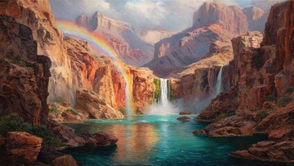 A vibrant rainbow arches over a serene canyon pool, where multiple waterfalls cascade down rugged, reddish-brown cliffs under a partly cloudy sky.  The water is a vivid turquoise