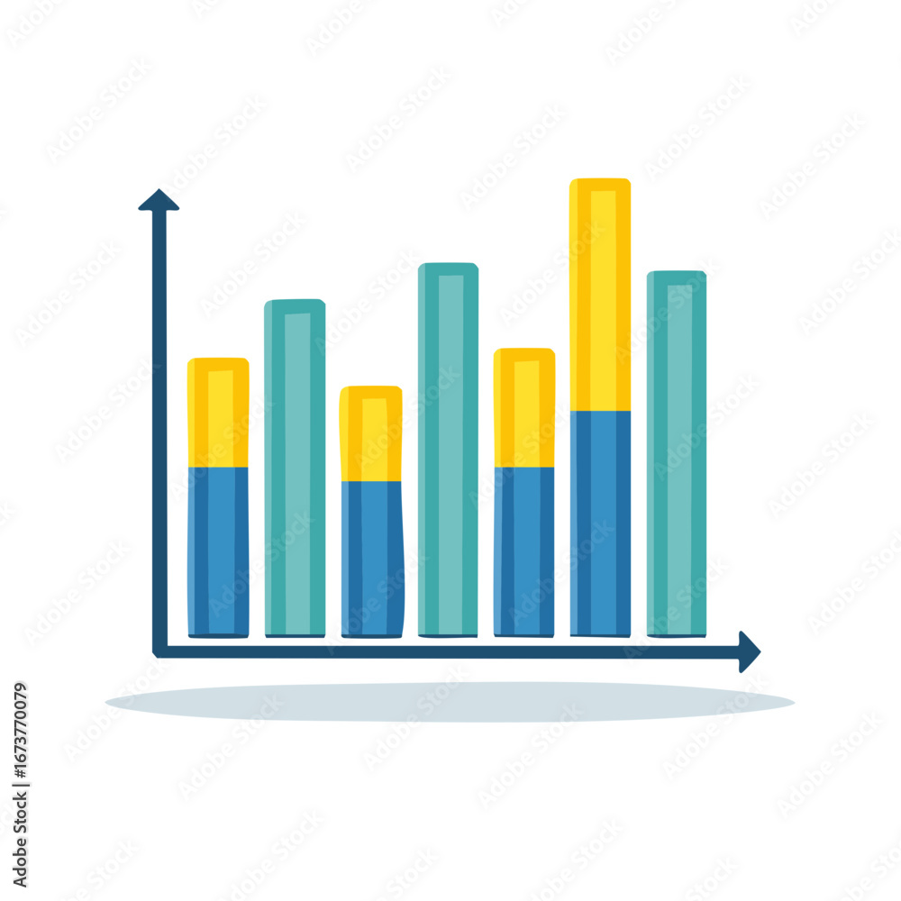 Poster colorful bar graph with upward trend and segmented bars representing financial data