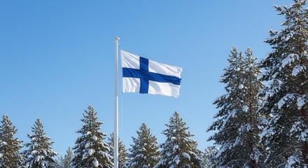 Finnish Flag Waving in Snowy Winter Forest – Finland Independence Day 