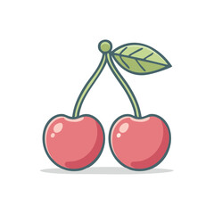 Vibrant cartoon illustration of two ripe red cherries connected by a green stem and a single leaf